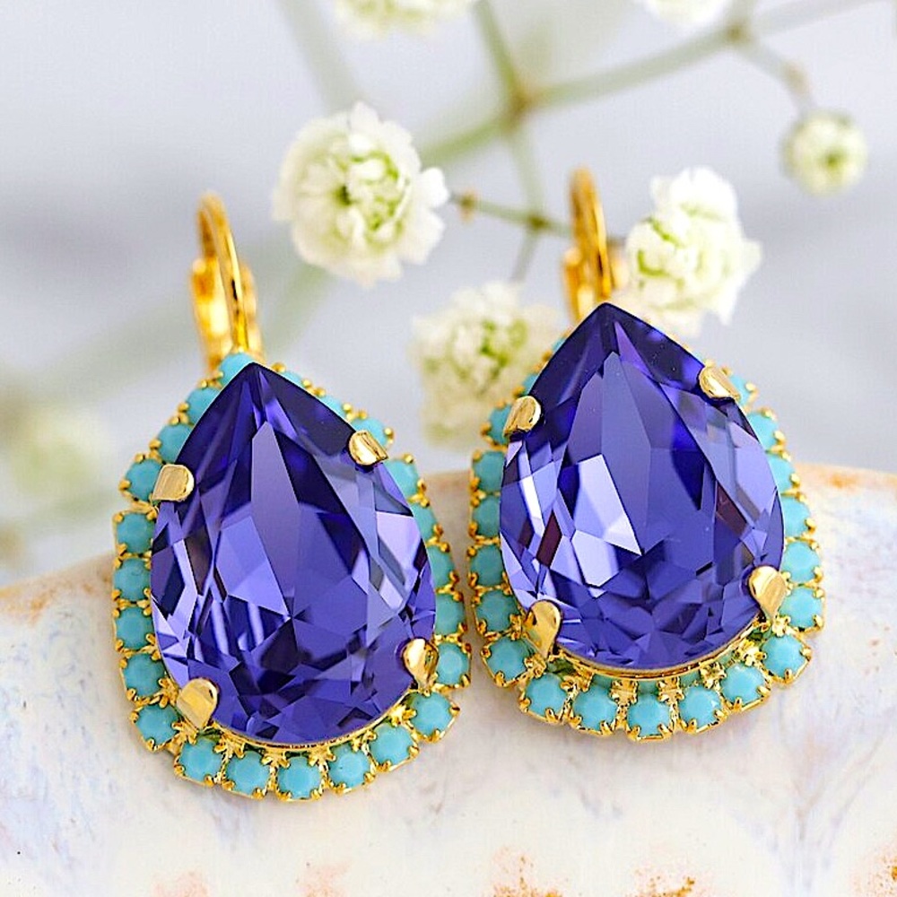 Gold Amethyst Turquoise Drop Earrings, Tanzanite Mint, Wedding, Bridal